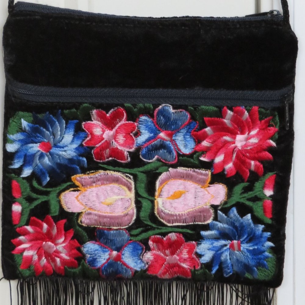 Black Velvet Embroidered Crossbody Bag (54J) - Picture 3 of 7